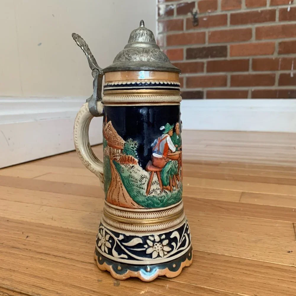 Vintage German Beer Stein Handgemalt with Pewter Lid